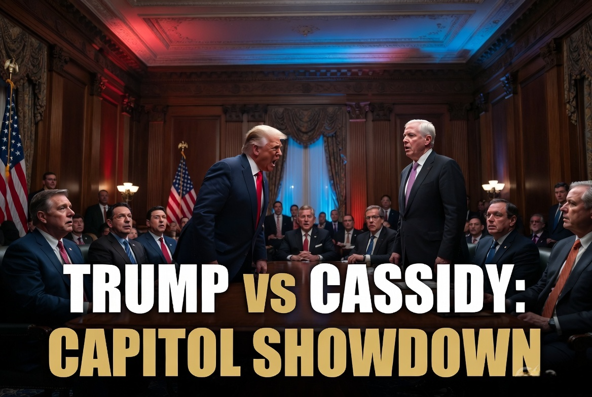 Wide view of Donald Trump and Senator Bill Cassidy in a dramatic shouting match surrounded by shocked Senate Republicans in a grand Capitol meeting room.