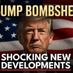 Former President Donald Trump in a dramatic breaking news style with American flag background. Bold text reads "TRUMP BOMBSHELL" and "SHOCKING NEW DEVELOPMENTS". High-impact featured image for latest Trump news article.