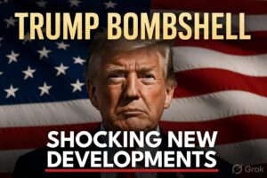Former President Donald Trump in a dramatic breaking news style with American flag background. Bold text reads "TRUMP BOMBSHELL" and "SHOCKING NEW DEVELOPMENTS". High-impact featured image for latest Trump news article.