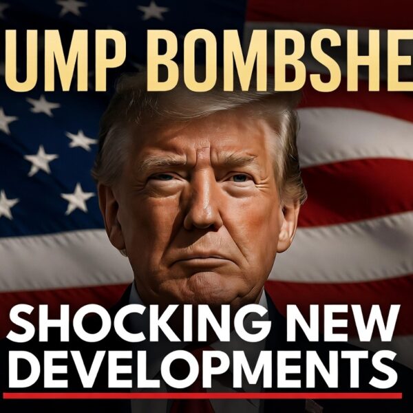 Former President Donald Trump in a dramatic breaking news style with American flag background. Bold text reads "TRUMP BOMBSHELL" and "SHOCKING NEW DEVELOPMENTS". High-impact featured image for latest Trump news article.
