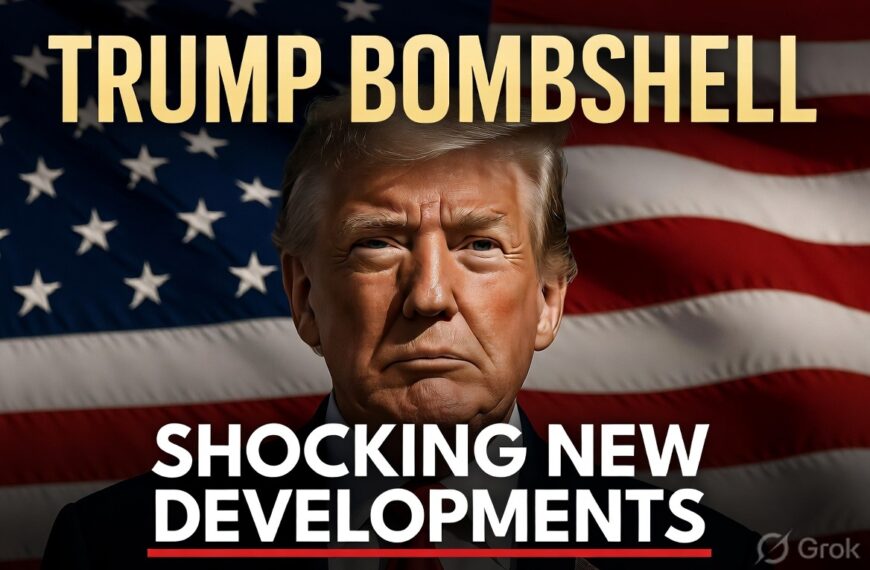 Former President Donald Trump in a dramatic breaking news style with American flag background. Bold text reads "TRUMP BOMBSHELL" and "SHOCKING NEW DEVELOPMENTS". High-impact featured image for latest Trump news article.