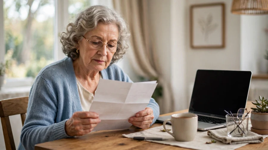 Senior woman reading a Medicare enrollment letter at home
