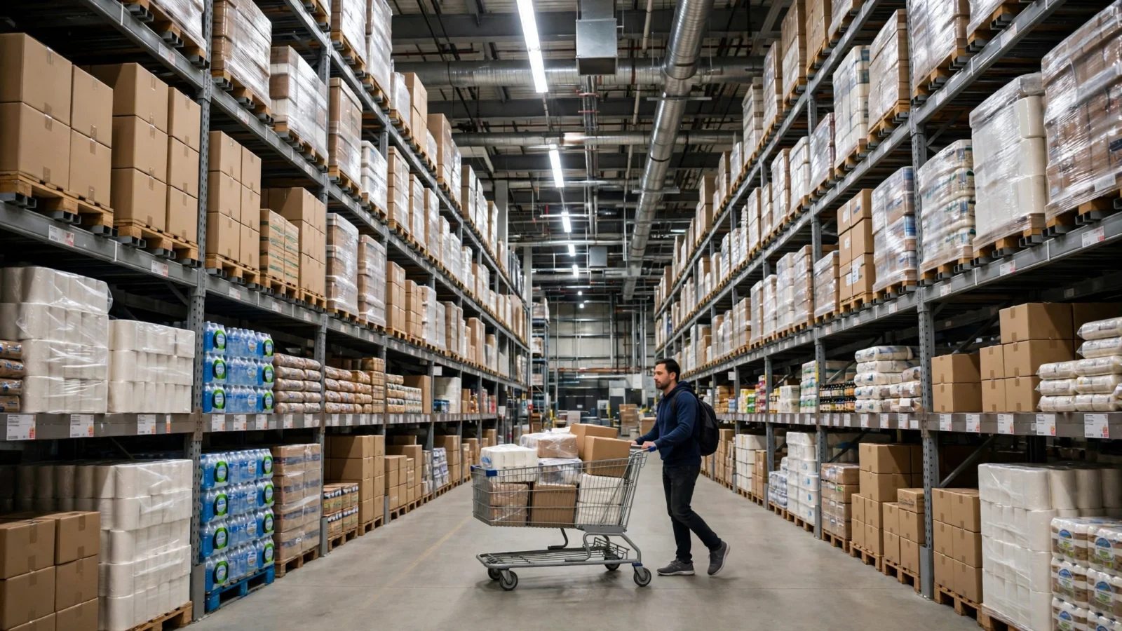 Inside a warehouse club store with bulk shelves and a shopping cart